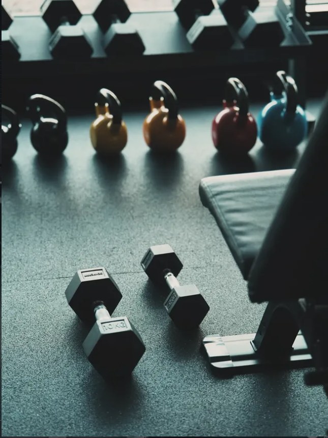 Halteres e kettlebells na zona de treino do Studio Um